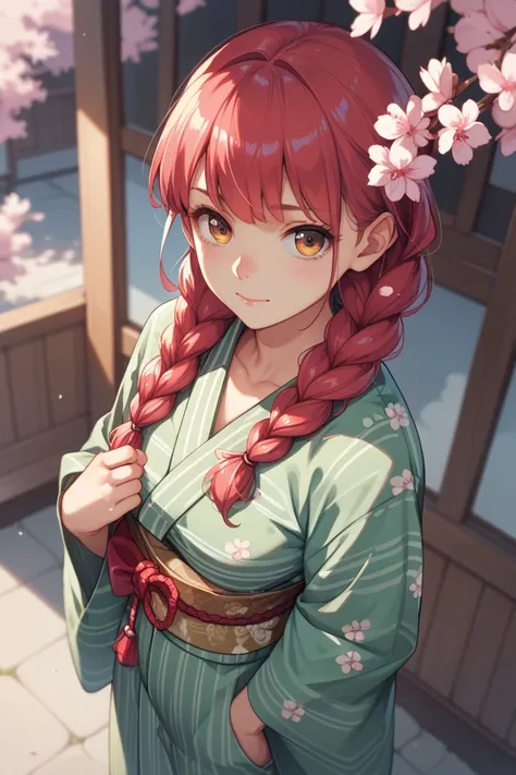  Japanese woman in her 20s、cute、 troubled face、 hairstyles are braids、 Green Yukata、The background is cherry blossoms in full bloom、 view from above