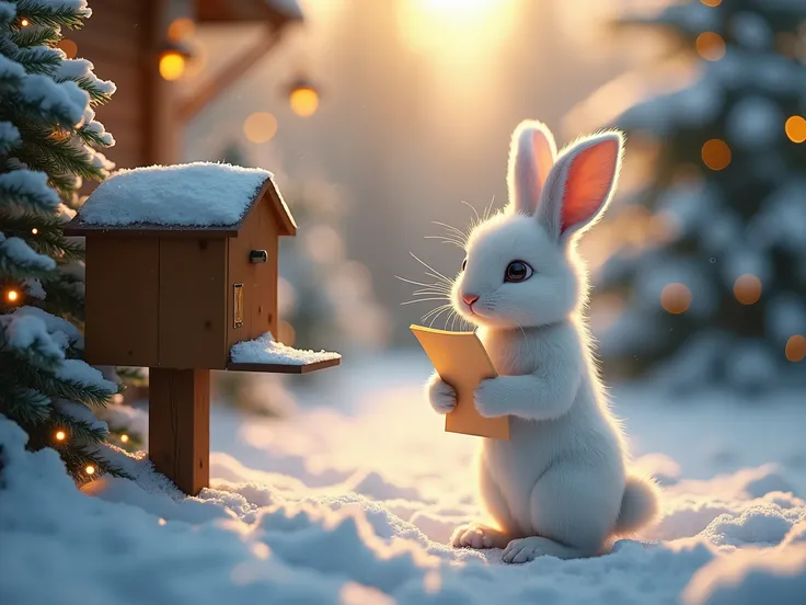 An ultra-realistic winter evening scene featuring a fluffy white rabbit standing on its hind legs, holding a neatly folded letter in its tiny paws. The rabbit is gazing intently at a wooden post box, partially covered in fresh snow, as if contemplating its...