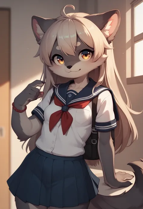 wolf furry small cute girls,(small flat breasts ) school uniform in the school. 