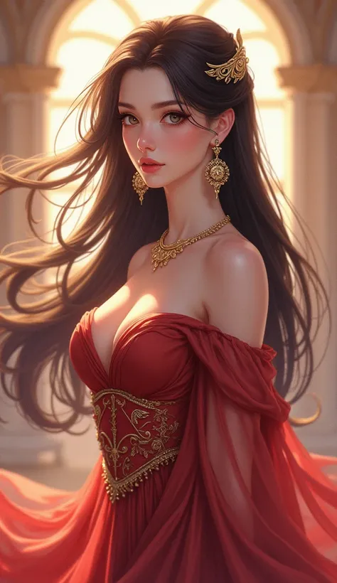 a woman with long hair wearing a dress and earrings, beautiful character painting, 8k high quality detailed art, beautiful alluring anime woman, ((a beautiful fantasy empress)), a beautiful fantasy empress, beautiful fantasy art, ethereal beauty, fantasy a...