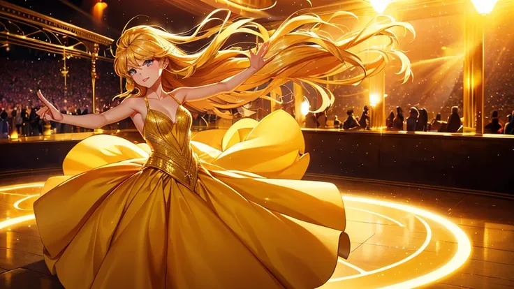 A dazzling woman spinning gracefully on the dancefloor, her hair catching the wind as she twirls. Her dress flows with her movement, shimmering under the golden lights. Her expression is carefree, and the glowing atmosphere reflects her bold confidence.