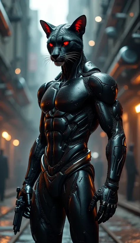 Create an image of a futuristic, humanoid cheetah warrior with a muscular, cybernetic body. The character has glowing red eyes, an aggressive stance, and wears sleek, futuristic armor made of black metallic materials with intricate textures. The cheetahs f...