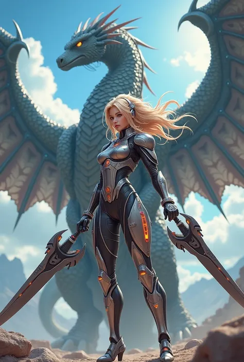 Perfect anime warrior Valkyrie with a dragon in the background 