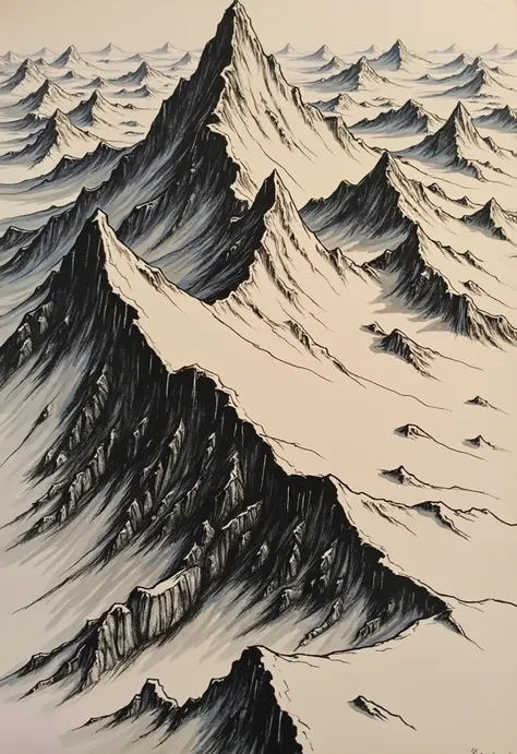 A detailed ink drawing of a mountain range.  The scene depicts a high-angle, birds-eye view of snow-capped peaks and ridges. Sharp, precise lines create the rugged texture of the mountains.  The peaks are portrayed as pyramid-like structures and the valley...