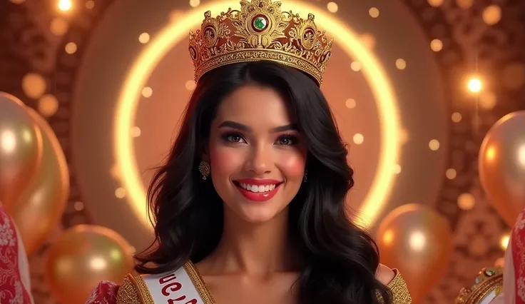 Create a picture of me as a woman. Make a black middle farce hairstyle, wear a gold crown Miss Grand International 2013 and a Happy New Year 2025 message.