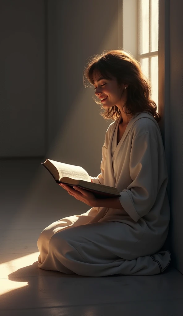  scene of someone on their knees holding the Bible with their eyes closed, smiling after praying .