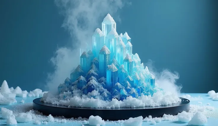 "A hyper-detailed birthday cake shaped like a crystalline mountain, with edible glass shards and misty fog effects rolling off, placed on a matte black platform against a solid icy blue background, ultra-realistic and cinematic."

