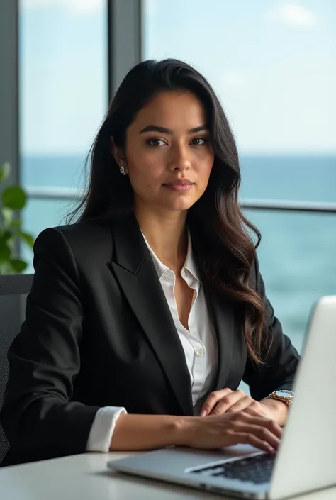 Limage doit avoir un aspect professionnel, moderne et légèrement futuriste, dans un bureau moderne et lumineux près de la mer. Lambiance doit être détendue mais professionnelle, avec des éléments tels que des meubles élégants et une technologie avancée qui...