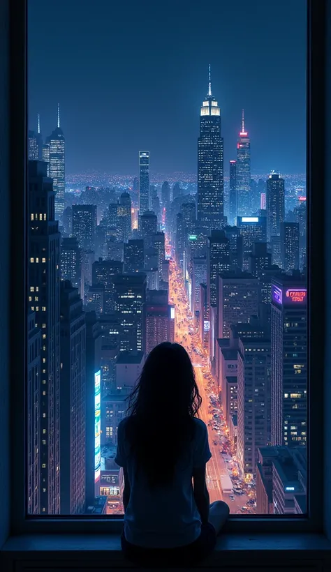 From a window you can find a city at night. 