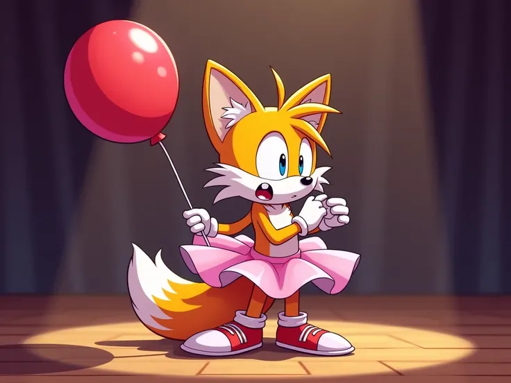 Tails the Fox anxiously wears a pink ballerina tutu and holds a big red rubbery bouncy helium balloon. His knees knock together anxiously curved inwards in fright and his teeth are chattering in fear because he has very bad stage fright at the big singing ...