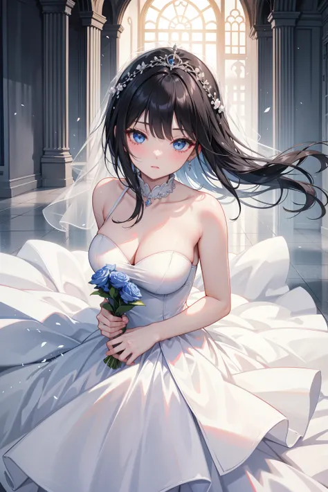 Black Hair，长直Black Hair， blue eyes ，Wedding Dress，wedding