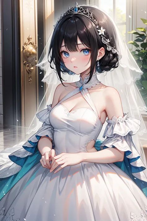 Black Hair，长直Black Hair， blue eyes ，Wedding Dress，wedding