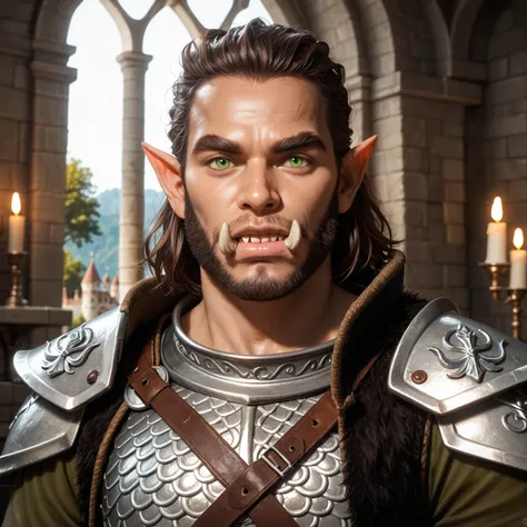 Portrait of a (half-orc (male) warrior), front view, (medium shot:1.3), one person standing, stooped build, tall and muscular build, long messy dark brown hair and beard, thick bushy eyebrows
BREAK
green eyes
BREAK
olive brown skin, pointed ears, (huge hyp...