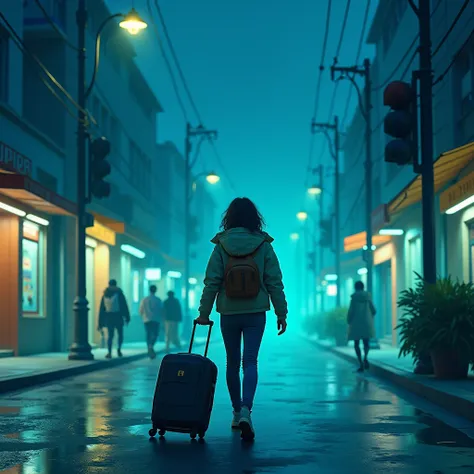  a happy tourist walking through an urban night city with blue-green lights, But greener , Make it bright enough and that the tourist is carrying a travel suitcase