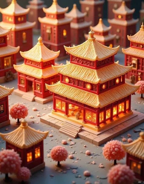 Isometric 3D,Isometric 3D city,red and yellow matching,with many Chinese Architecture of varying heights, Stone Road in front of buildings,