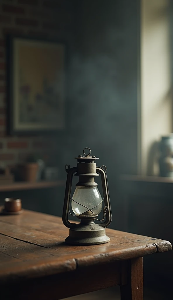 An old oil lamp turned off on a table in a blurry room.