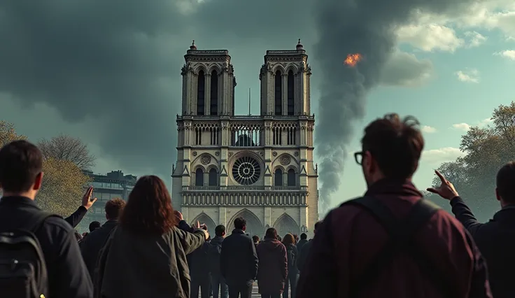 "A realistic depiction of a group of people standing in front of Notre-Dame de Paris, looking terrified and anxious. Their expressions show fear and disbelief as they react to an unseen event. Some people are covering their mouths, others are pointing in s...