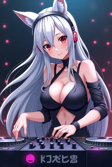 Un personnage feminin mature issus du manga Fairy Tail avec des oreils de loup et un casque de DJ avec les cheveux blanc argenté et long, elle est entrain de mixer, pas de ve^tements sexy