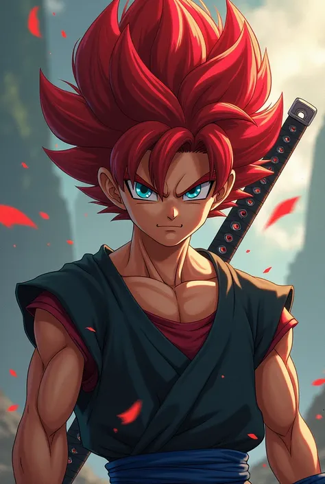 A teenage Saiyan with curly hair, red hair and blue eyes, half evil and with a katana behind his back.