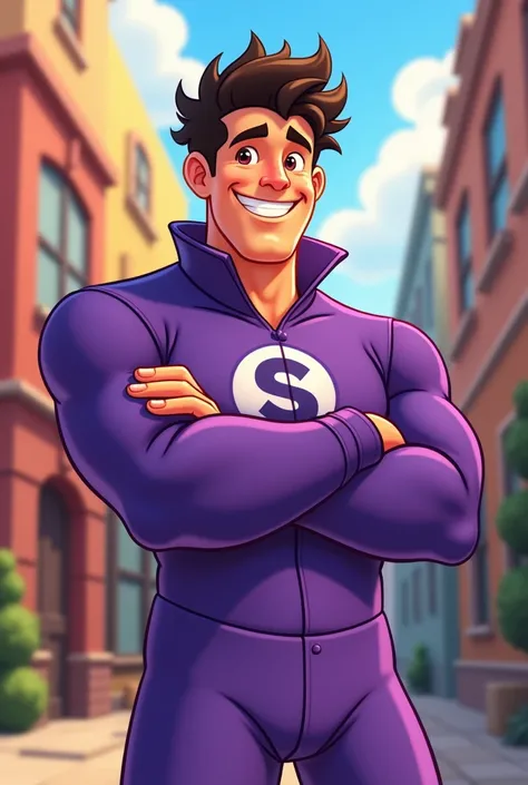  male character, smiling, estilo disney cartoon, Jumpsuit from ( internet technician )  jumpsuit all purple and with the letter S in white printed on the chest, arm crossed,  frizzy hair 