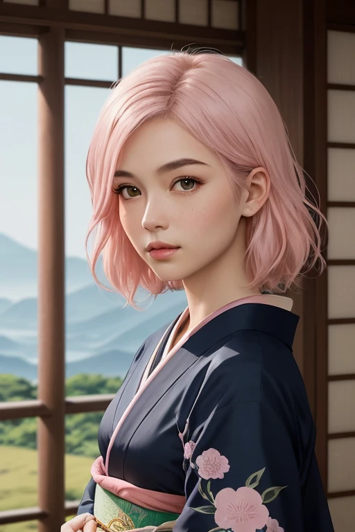 "Create an image of a 16-year-old character with straight light pink hair that reaches the shoulders. Their face is oval-shaped with a slightly pointed chin. They have wide thin lips with a small black dot on the left side of the lips, and their eyes are a...