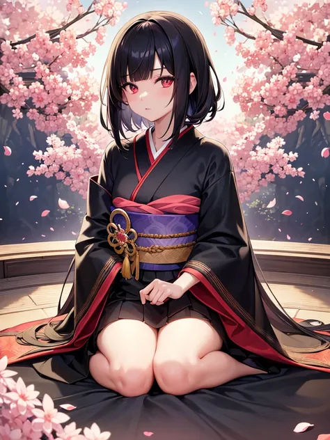 shoot from front,makes an aesthetic,Master piece,Best Quality,ultra detailed,chibi,anime eyes,seiza,looking at viewer,no background,kimono,asymmetry bangs, swept bangs,Medium Hair,Straight Hair,beautiful black hair,beautiful red eyes