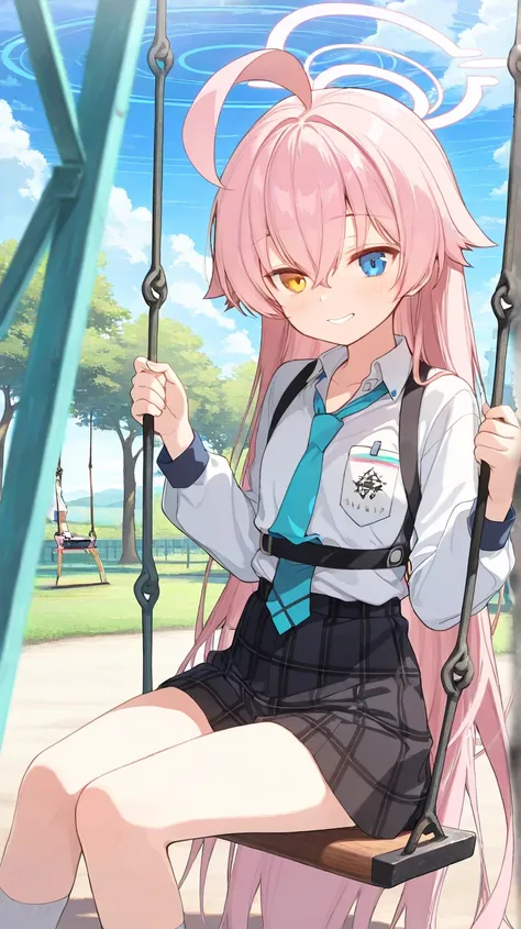 (masterpiece, best quality, high quality, highres, ultra-detailed), Blue Archive, Hoshino Takanashi, sitting on a swing, uniform, emotionless, faint blush, forced smile