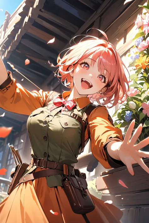 1 girl, (playful face), young adult, short bobbed hair, (wearing a rangers outfit with leather accents), large breasts, fit, (drawing a bow with a quiver at her side),  
BREAK  
pathway covered in falling flower petals, bright colors of flowers all around,...