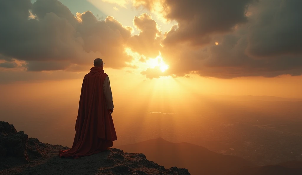 Imagine a grand, panoramic view of a vast nation under a dramatic sky at dawn. In the foreground, a visionary leader gazes thoughtfully into the horizon, embodying hope and determination. The scene captures the transformative power of a single vision, with...