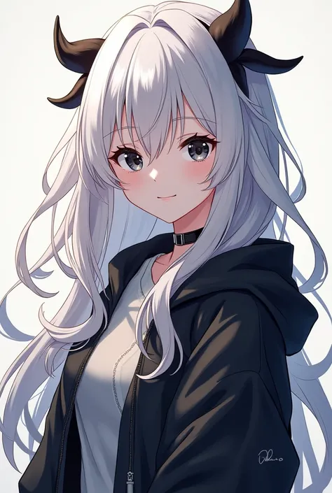 as a 20 year old anime style girl with white hair color with black degradation at the tips black eyes with a jacket and accessories