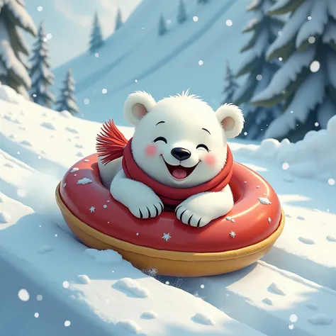 a cute white bear cub riding down a snowy slope on a bright tubing. The bear cub is lying on his belly on the tube, He is laughing happily, his eyes are tightly closed. Hes wearing a billowing scarf. The polar bear looks very cute and funny