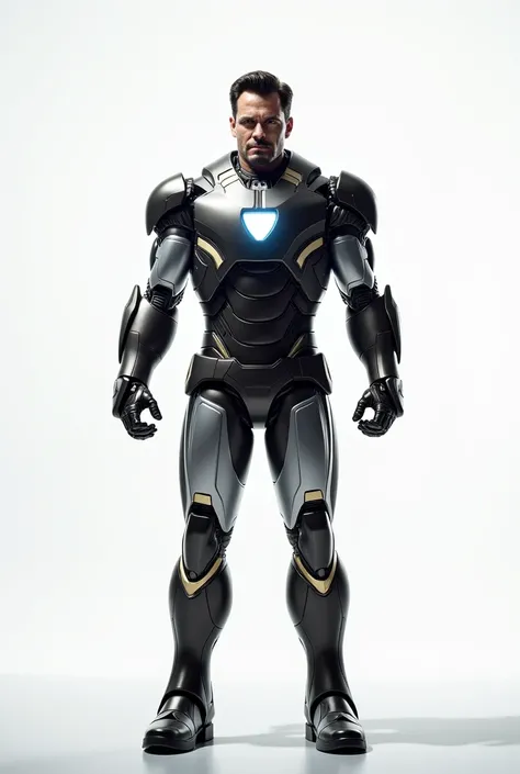 Make real filmy hero caption iron man stand with white background 