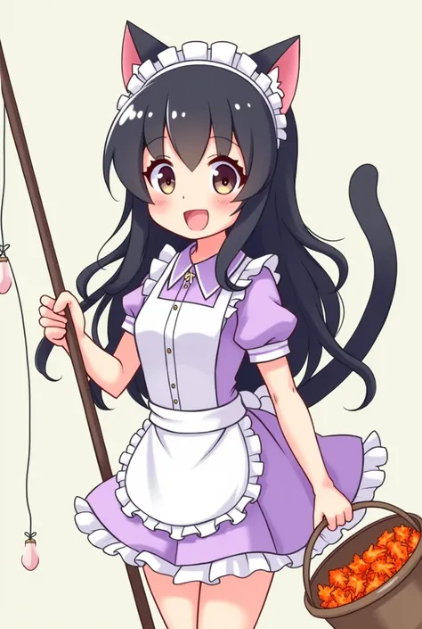 Kawai cartoon of a meid with happy cat ears with long wavy black hair , Lilac uniform with her white buccaneers and with her left hand holding a fishing rod and her right hand holding a bucket full of goldfish 