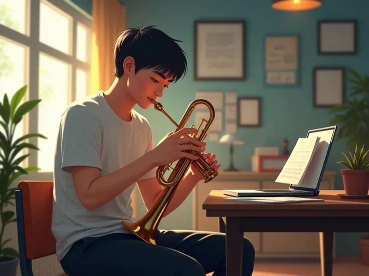 A Thai male student in black pants is cleaning the trumpet in the music room