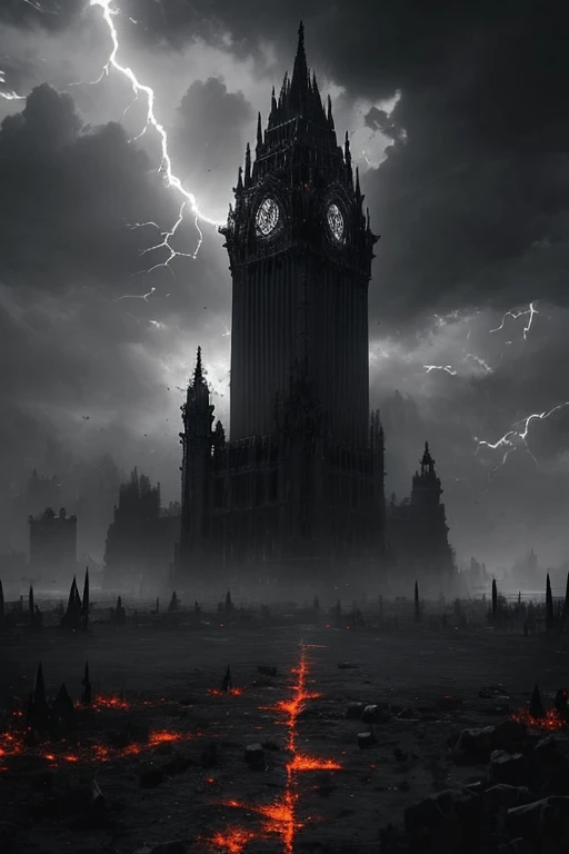 A colossal dark tower rises ominously in the middle of a barren, lifeless wasteland. Its jagged, spiked architecture and blackened, weathered stone give it an ancient and malevolent presence. The sky above is turbulent, filled with swirling storm clouds li...