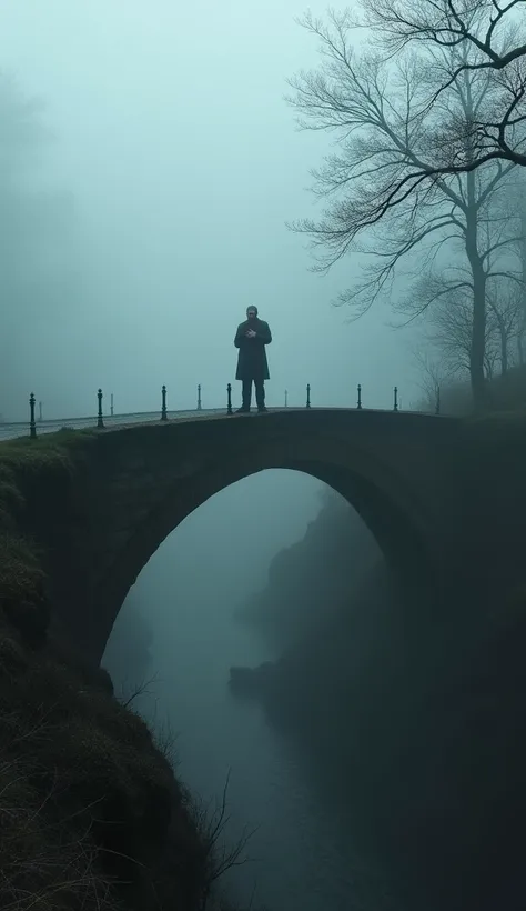  A dark setting of the Victorian Overtoun Bridge made of aged stones,  shrouded in thick fog that covers a valley below dark , On the bridge is a man holding his chest as if he were feeling sick 