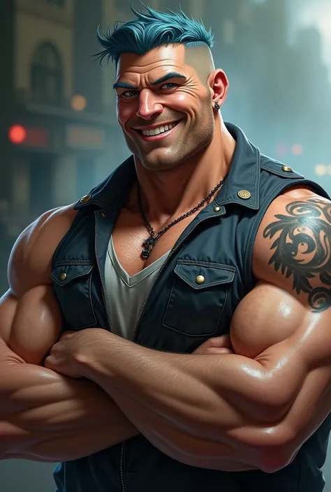 Masterpiece, best quality, high quality, very detailed CG uniform 8k wallpaper, a bulky muscular middle age man, a stocky middle age man, blowjob, blue hair, tattoo, short hair, hat, jewelry, smile, necklace, looking at the audience, hat, realistic, open m...