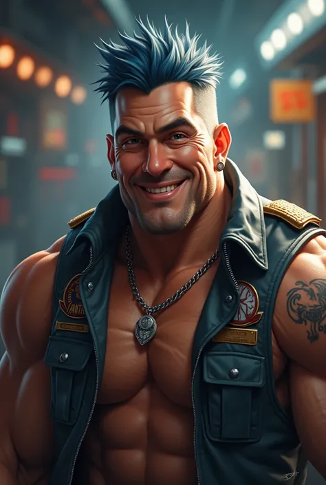 Masterpiece, best quality, high quality, very detailed CG uniform 8k wallpaper, a bulky muscular middle age man, a stocky middle age man, blowjob, blue hair, tattoo, short hair, hat, jewelry, smile, necklace, looking at the audience, hat, realistic, open m...