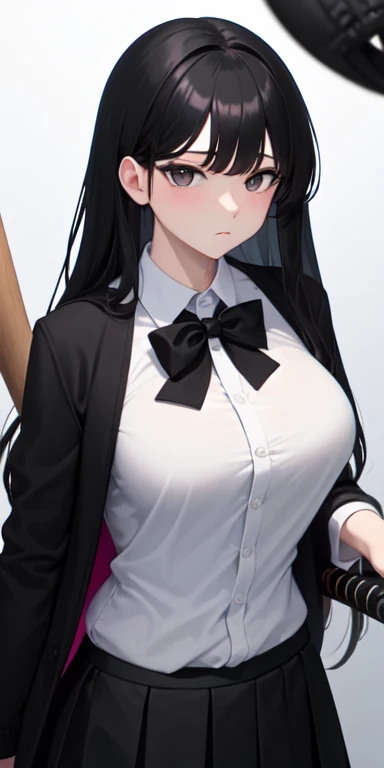 1 women, full fringe long hair, voluptuous body, black eyes, Indonesian high-school uniform, white shirt, black long skirt, black bow, emotionless, pale, black hair, black cardigan, pink mask, holding a baseball bat,