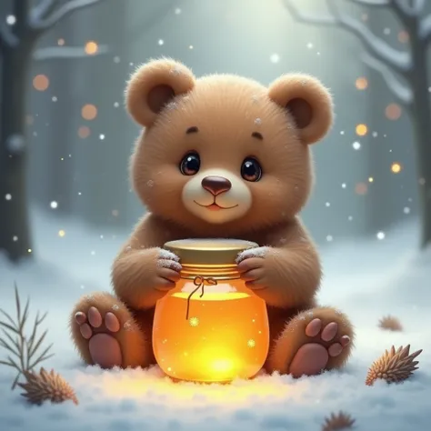 Generate a whimsical image of a fluffy brown bear cub, its fur lightly frosted with snow, cradling a jar of warm, golden honey. The honey glows softly, creating a magical winter scene.