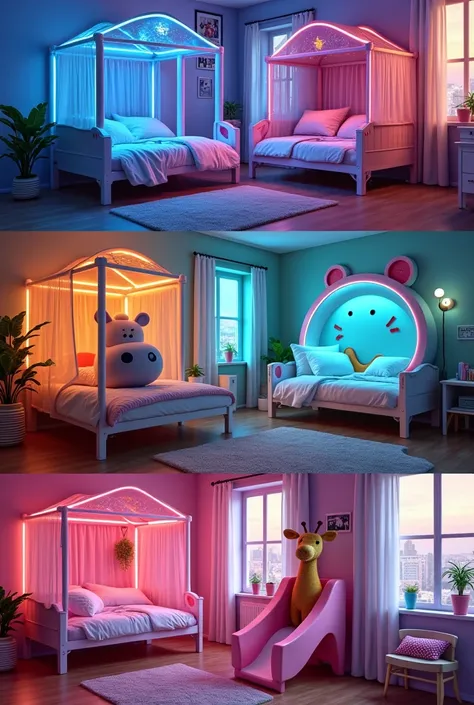 Here’s a detailed prompt inspired by the image:

"Create a vibrant and colorful bedroom setup featuring three whimsical bed designs. The first design is a train-themed bed with a circular canopy adorned with glowing stars and neon blue accents, set in a co...