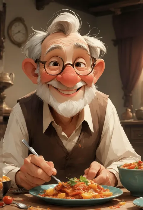 A happy one, Lovely old man living alone at home, Eat good food、Draw、Watch TV、Look at your phone. He spends his days in Disney-Pixar-style illustrations. (Best quality, 4K, A high resolution, Masterpiece:1.2), Ultra-detailed, Realistic:1.37, Vibrant colors...