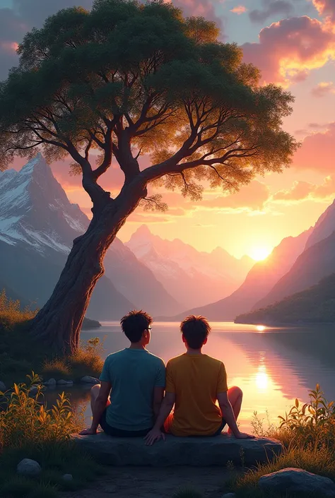  Create a stunning landscape with mountains, lakes and a large tree at sunset , having two male friends sitting admiring the sunset.