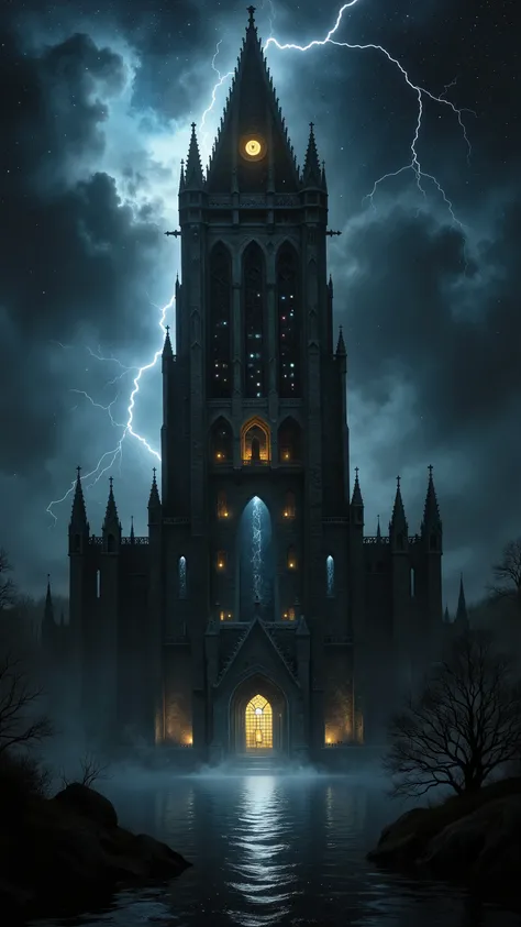 Create a photorealistic and atmospheric scene featuring an immensely tall gothic-style black rock skyscraper, rising dramatically near the edge of a calm city lake on a stormy night. The tower, as high as the tallest structures in the world, dominates the ...