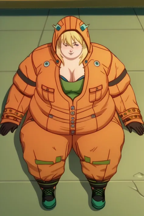 score_9, score_8_above, score_7_above,anime_source, source_anime, best background,  Detailed history , anime screencap, Nikaido, seductive body, Sensual, orange costume, whole body,  seductive smile ,  outdoor, cyberpunk, gordo, fatty, obese, sitting,  Res...