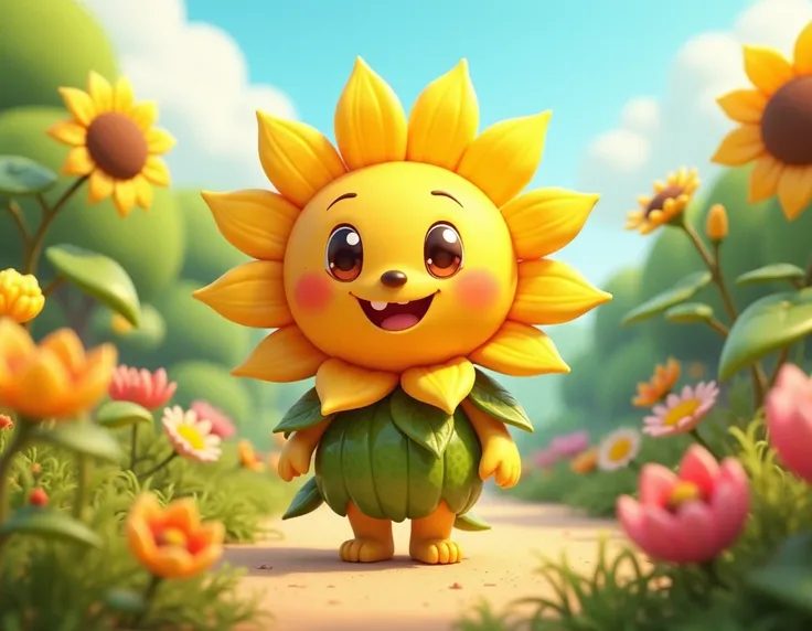 Sunflower with eyes, nose, mouth, arms and legs in 3d chibi style standing in a green, colorful garden