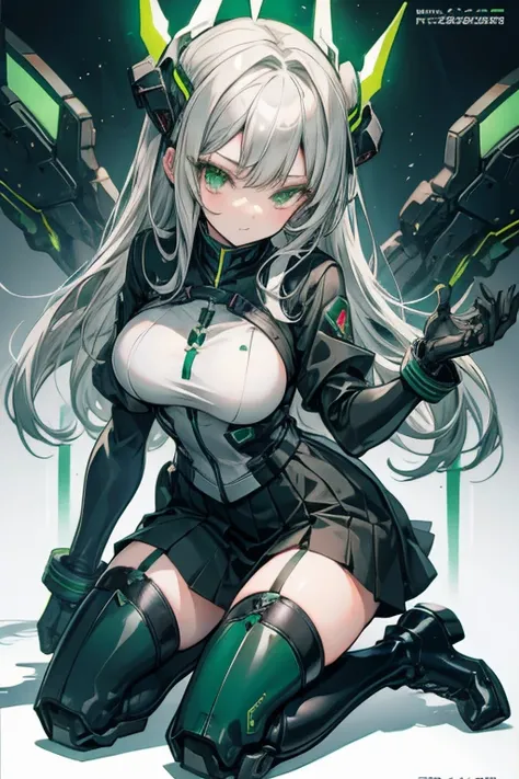 Gray hair, green eyes, black seifuku, boots, stockings, kneeling, large breasts, mechanical parts