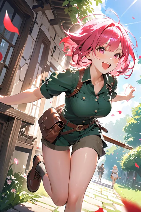 1 girl, (playful face), young adult, short bobbed hair, (wearing a rangers outfit with leather accents), large breasts, fit, (drawing a bow with a quiver at her side),  
BREAK  
pathway covered in falling flower petals, bright colors of flowers all around,...