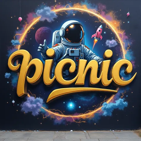 Grafiti elegant berwarna gold bertuliskan picniccompany34 background logo lingkaran listrik galaxy bergambar astronot dan roket