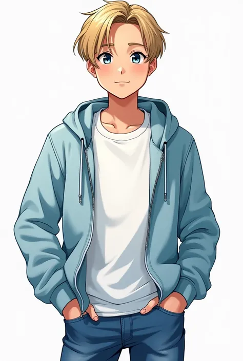  teenage boy, with dark-blonde hair, wearing white t-shirt, light blue zip-up sweatshirt, short blue jeans, fanart drawing style, (possibly hot)